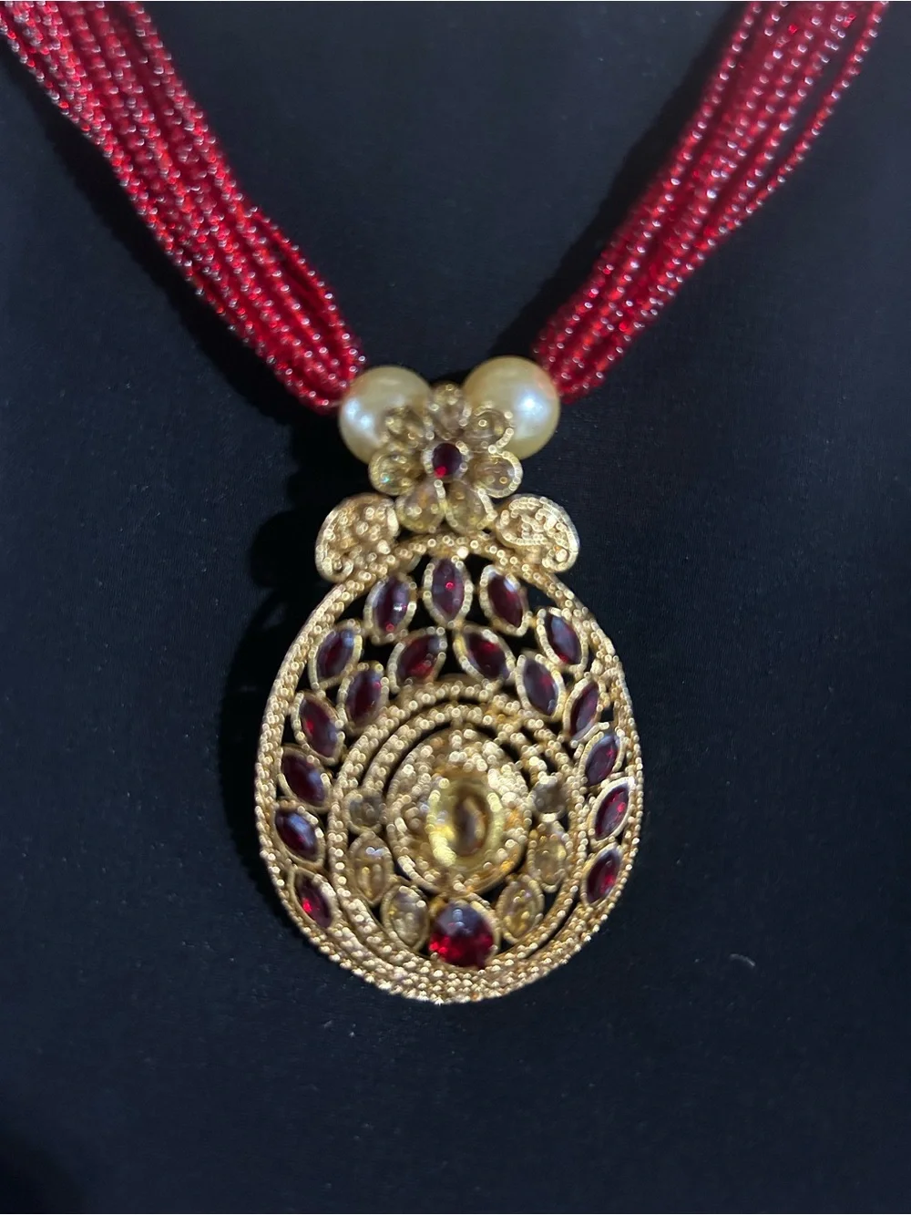 Red Beaded Gold Pendant Necklace - Women Jewelry